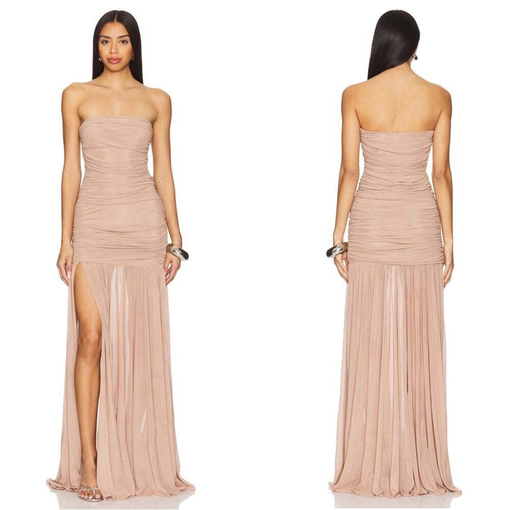 RETROFETE Adele Strapless Ruched Chiffon Latte Brown Maxi Dress Sz XS